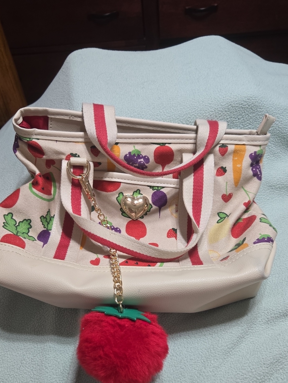 Luv Betsey Canvas Tote Bag with Fruit Print and Red Trim